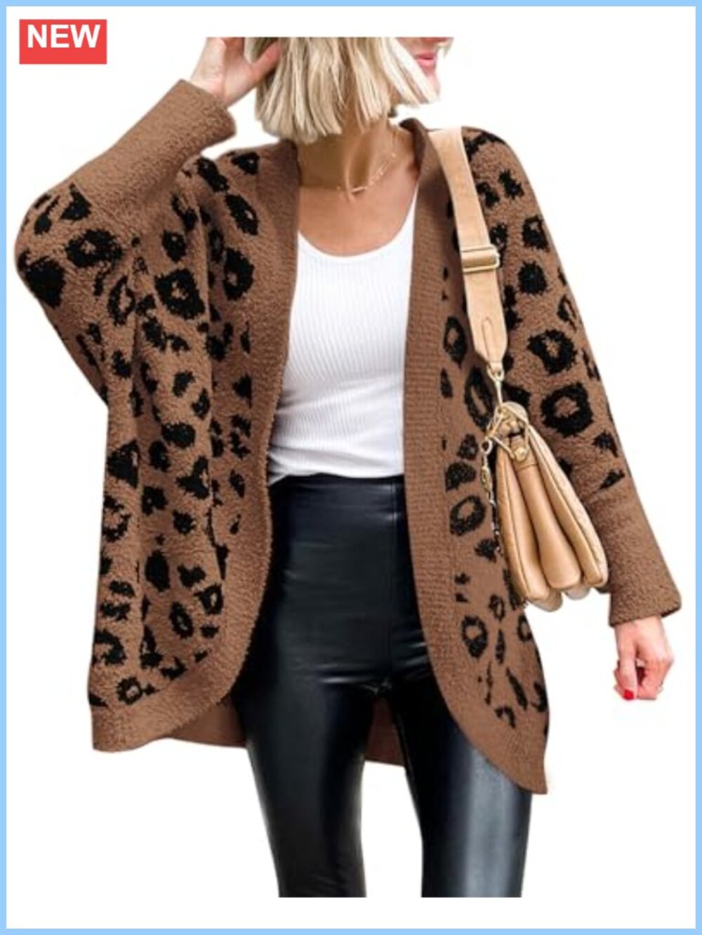 Leopard Print Cardigan for Women Soft Knit Batwing Sleeve Loose Cozy